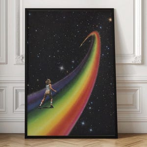 Bring disco-era energy into your home with Retro Cosmic Rainbow Roller Skating. A roller skater floats across a rainbow road through space, evoking the carefree spirit of the 1970s. With cosmic surrealism and vibrant rainbow colors, this wall art appeals to fans of roller skating culture, LGBTQ pride artwork and funky home decor. A perfect conversation piece for retro-inspired interiors, art collectors or anyone chasing over the rainbow vibes, roller disco art, rainbow artwork, funky 70s vibes