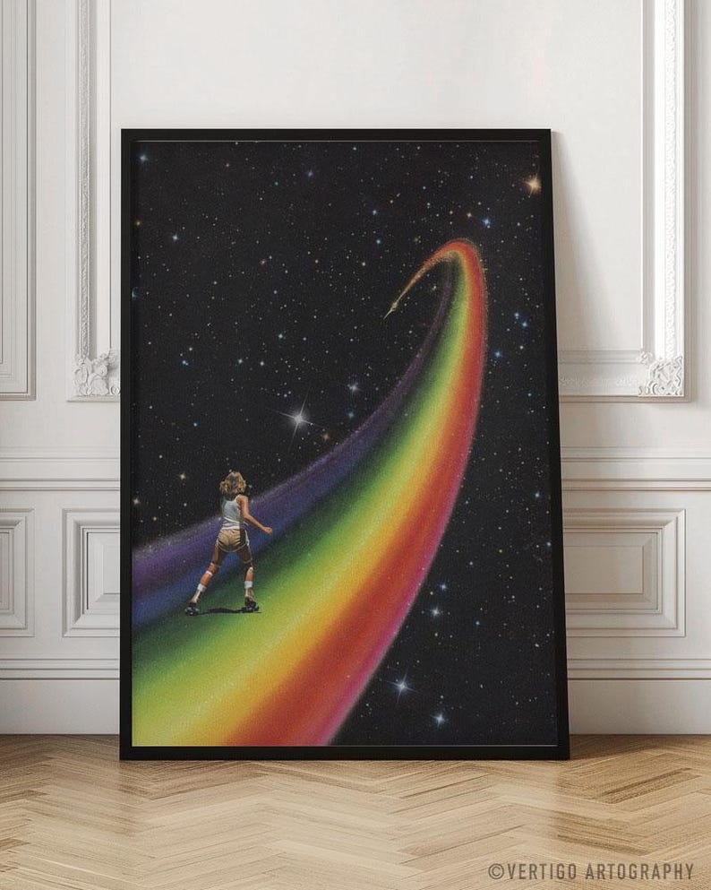 Bring disco-era energy into your home with Retro Cosmic Rainbow Roller Skating. A roller skater floats across a rainbow road through space, evoking the carefree spirit of the 1970s. With cosmic surrealism and vibrant rainbow colors, this wall art appeals to fans of roller skating culture, LGBTQ pride artwork and funky home decor. A perfect conversation piece for retro-inspired interiors, art collectors or anyone chasing over the rainbow vibes, roller disco art, rainbow artwork, funky 70s vibes