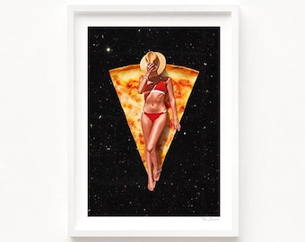 Cheesy Pizza Cowgirl Space (Art Print, Pizza, Food, Digital Art, Pinup, Junk Food Art, Diner, Surreal Art, Collage, Kitchen Wall Art Decor)