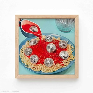 Spaghetti Disco Balls Art Print: Surreal 70s Retro Kitchen Decor
