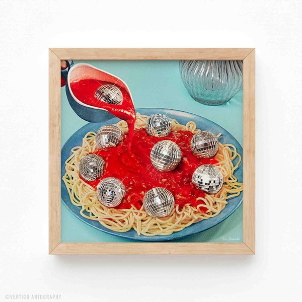 Spaghetti Disco Balls Art Print: Surreal 70s Retro Kitchen Decor