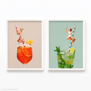 Cyfrowa sztuka ścienna, retro mojito, vintage aperol spritz, pobieranie cyfrowe, wózek barowy, sztuka cyfrowa, plik cyfrowy, estetyka retro, oferta pakietowa