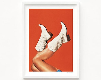 These Boots - Burnt Orange (Art Print, Cowgirl Boots, White Boots, Cow girl Art, Vintage, Howdy, Yeehaw, Texas Art, Wall Decor, Poster)