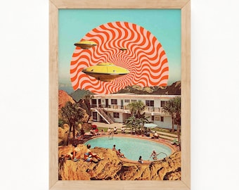 Retro UFO Pool Party Art Print: Mid-Century Motel, Cosmic Art