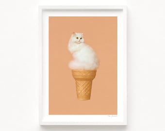 Ice Cream Cat - Peach (Cat Art, Surreal Art, Cat Collage, Boho, Humor, Kitty, White Cat, Kitchen Art, Retro Cat, Retro, Poster, Wall Decor)