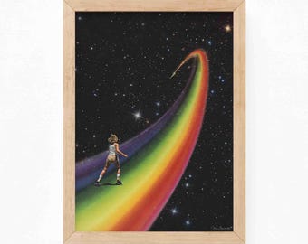 Retro Roller Skating Art Print: Cosmic Rainbow Space Disco