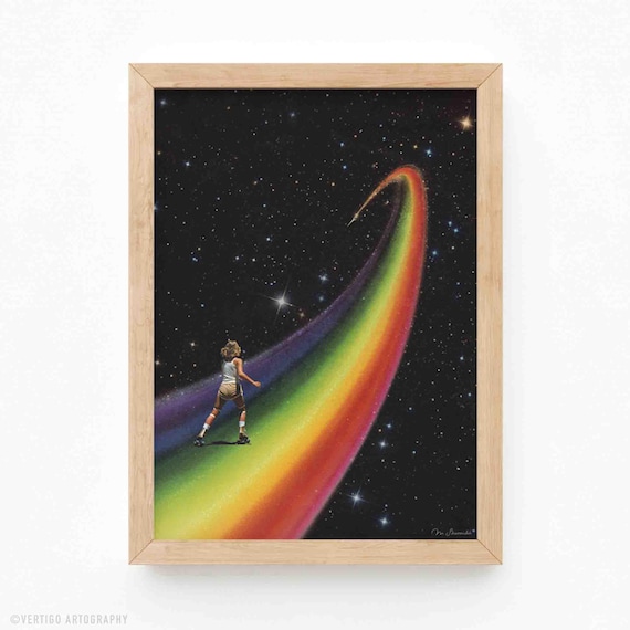 Retro Roller Skating Art Print: Cosmic Rainbow Disco Collage