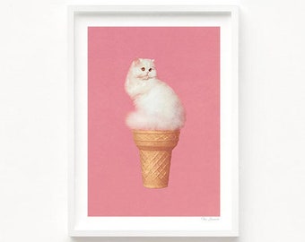 Ice Cream Cat - Pink (Cat Art, Surreal Art, Cat Collage Print, Humor, Kitty, White Cat, Kitchen, Retro Cat, Retro, Poster, Wall Decor)