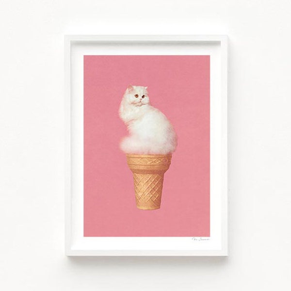 Ice Cream Cat - Pink (Cat Art, Surreal Art, Cat Collage Print, Humor, Kitty, White Cat, Kitchen, Retro Cat, Retro, Poster, Wall Decor)
