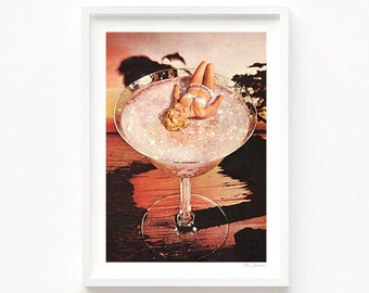 Glitter Pink Margarita (Art Print, Tequila, Surreal, Tipsy, Maximalist, Retro Cocktail Print, Preppy Cocktail Poster, Decor, Bar Cart Art)