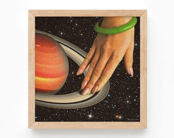 Cosmic Vinyl Art Print: Saturn DJ, Surreal Space Collage