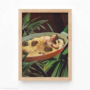 Extravagância de almôndegas (impressão artística, arte de parede surreal, colagem, decoração de parede, lasanha, arte vintage, inspiração retrô, arte de cozinha, impressão de colagem)