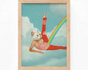 Funny Cat Yoga Art Print: Rainbow Workout, Retro Surrealism