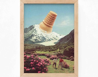 Ice Cream Mountain Peak (Giclee, Surreal Art, Trippy Wall Decor, Collage Art, Food Art, Gelato Art, Snow Art, Funny Kitchen Wall Art, Retro)