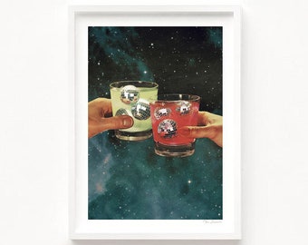 Cosmic Cheers - Disco Ball Margarita (Art Print, Surreal Art, Party, Bar Art, Collage Art, Space Art, Cosmic Art, Disco Ball, Kitchen Art)
