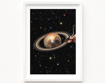 Galactic DJ II - Saturn Disco Ball (Art Print, Music, Surreal Art, Vintage Art, Trippy Wall Art, Space, Cosmic, Retro, Collage Print, Decor)