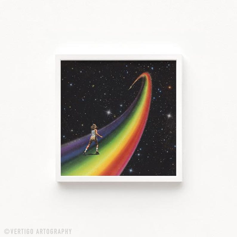 Retro Cosmic Rainbow Roller Skating captures the magic of roller disco culture with a cosmic twist. A vintage roller skater balances along a glowing rainbow stretching across a starry sky, blending surreal dreamscapes with retro nostalgia. Ideal for retro living rooms, music-inspired spaces, or LGBTQ and LGBTQ+ friendly decor, this artwork embodies freedom, joy, and funkadelic vibes. A bold retro poster that celebrates colour, skating, and cosmic energy. Cosmic galaxy rainbow wall decor.