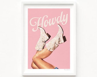 Deze laarzen - Howdy Glitter Pink II (Art Print, Vintage, Rodeo Art, Poster, Cowgirl Boots, Cow girl Art, Yeehaw, Poster, Cowboy, Wall Decor)