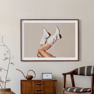 These Boots - Neutral Landscape (Art Print, Cowgirl Boots, White Boots, Vintage, Beige, Howdy, Yeehaw, Texas Art, Wall Decor, Poster)
