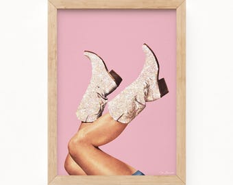 These Boots - Glitter Pink Cowgirl Boots Art Print: Retro Rodeo Decor