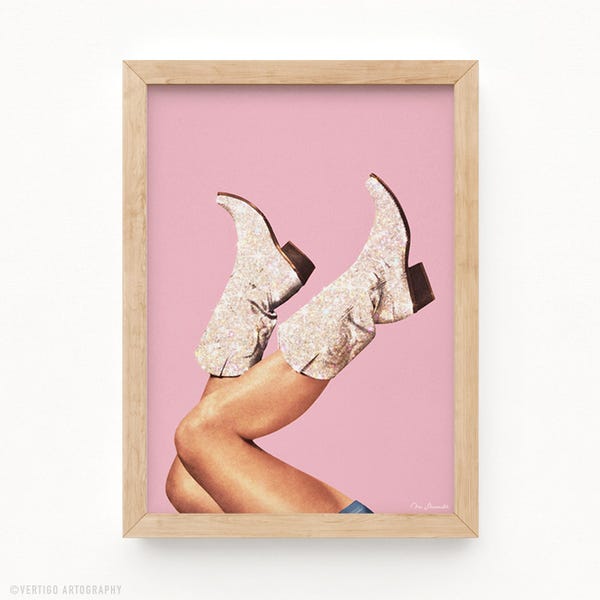 These Boots - Glitter Pink Cowgirl Boots Art Print: Retro Rodeo Decor