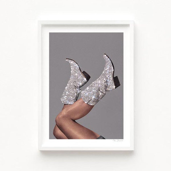 These Boots - Glitter After Hours (Art Print, Vintage, Rodeo Art, Poster, Cowgirl Boots, Cow girl, Gray, Yeehaw, Howdy, Cowboy, Wall Decor)