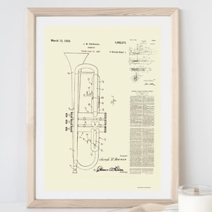 Trumpet Patent Print Digital Download | Vintage Trumpet Poster Wall Art | Music Teacher Gift, Band Room Decor, Music Studio, Music School