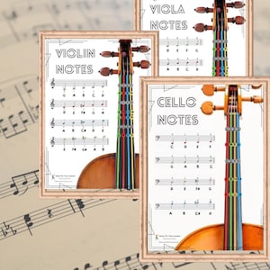 May include: Three printable posters with illustrations of a violin, viola, and cello. Each poster has the instrument's name and the word "Notes" in a bold, art deco font. The instruments are shown with colored strings and the notes are labeled on the strings.