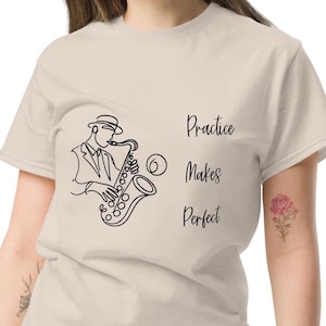 Unisex Saxophone T-Shirt 100% Cotton - Musician Tee, ‘Practice Makes Perfect’ Jazz Shirt, Music Gift, Band Tee, Sax Player Shirt