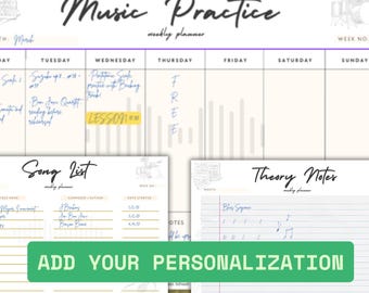 May include: A printable music practice planner with a weekly schedule, song list, and theory notes. The planner has a yellow background with a green button that says "ADD YOUR PERSONALIZATION".