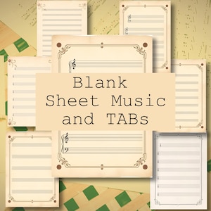 Op de afbeelding: Een set bedrukbaar blanco muziekpapier en tablatuurpapier met een vintage uitstraling. Het papier heeft een crèmekleurige achtergrond met bruine lijnen en decoratieve randen. De tekst "Blank Sheet Music and TABS" is geschreven in een bruin lettertype.