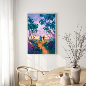 May include: A framed print of a cartoon scene featuring Stitch and Lilo dancing on a beach with palm trees and a sunset in the background.
