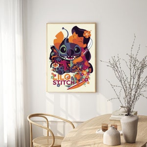 May include: A colorful illustration of Lilo and Stitch from the Disney movie. The image features Lilo hugging Stitch, with a surfboard and other characters from the movie in the background. The text "Lilo & Stitch" is written in bold letters at the bottom of the image.