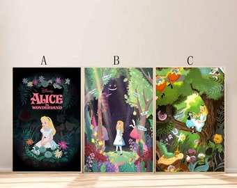 May include: Three colorful illustrations of scenes from Disney's Alice in Wonderland. The first illustration features Alice standing in a field of flowers. The second illustration features Alice standing in a forest with the Cheshire Cat. The third illustration features Alice sitting on a mushroom with the Mad Hatter and the March Hare.