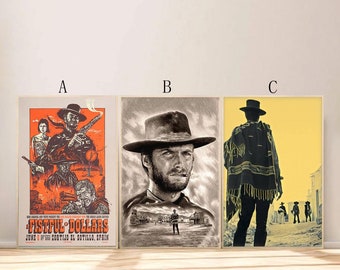 May include: Three movie posters featuring Clint Eastwood as the Man with No Name from the Dollars Trilogy. The first poster is for "A Fistful of Dollars" and features a red and orange background with a black and white image of Clint Eastwood and other characters. The second poster is a black and white portrait of Clint Eastwood. The third poster features a yellow background with a black silhouette of Clint Eastwood in a poncho.