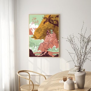 May include: A vintage-style poster with a green, yellow, and brown color scheme. The poster features a cartoon image of Lilo and Stitch on a beach with the text "Lilo Stitch" at the top.