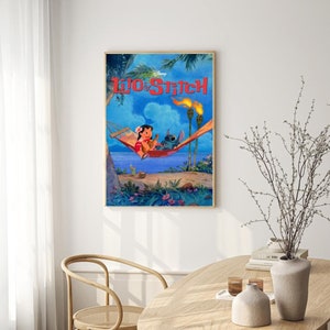 May include: A vintage-style poster for the Disney movie Lilo & Stitch. The poster features Lilo and Stitch in a hammock, with a tropical island background. The text "Disney Lilo & Stitch" is printed in red and white.