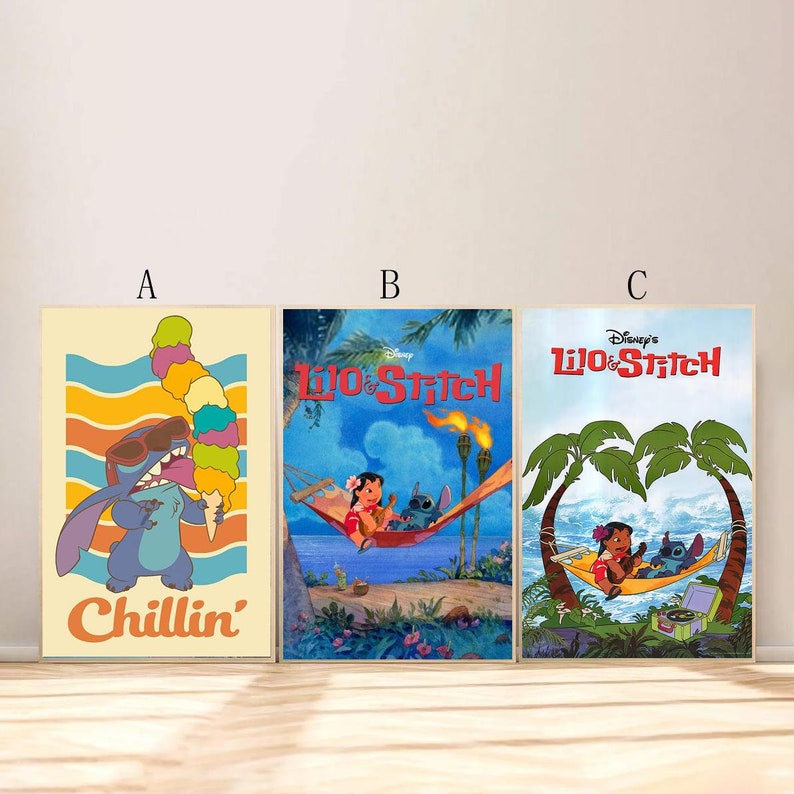 May include: Three different Lilo & Stitch themed posters. The first poster features Stitch wearing sunglasses and eating a large ice cream cone with the text "Chillin'" below. The second poster features Lilo and Stitch in a hammock with the text "Lilo & Stitch" above. The third poster features Lilo and Stitch in a hammock with palm trees and the text "Disney's Lilo & Stitch" above.