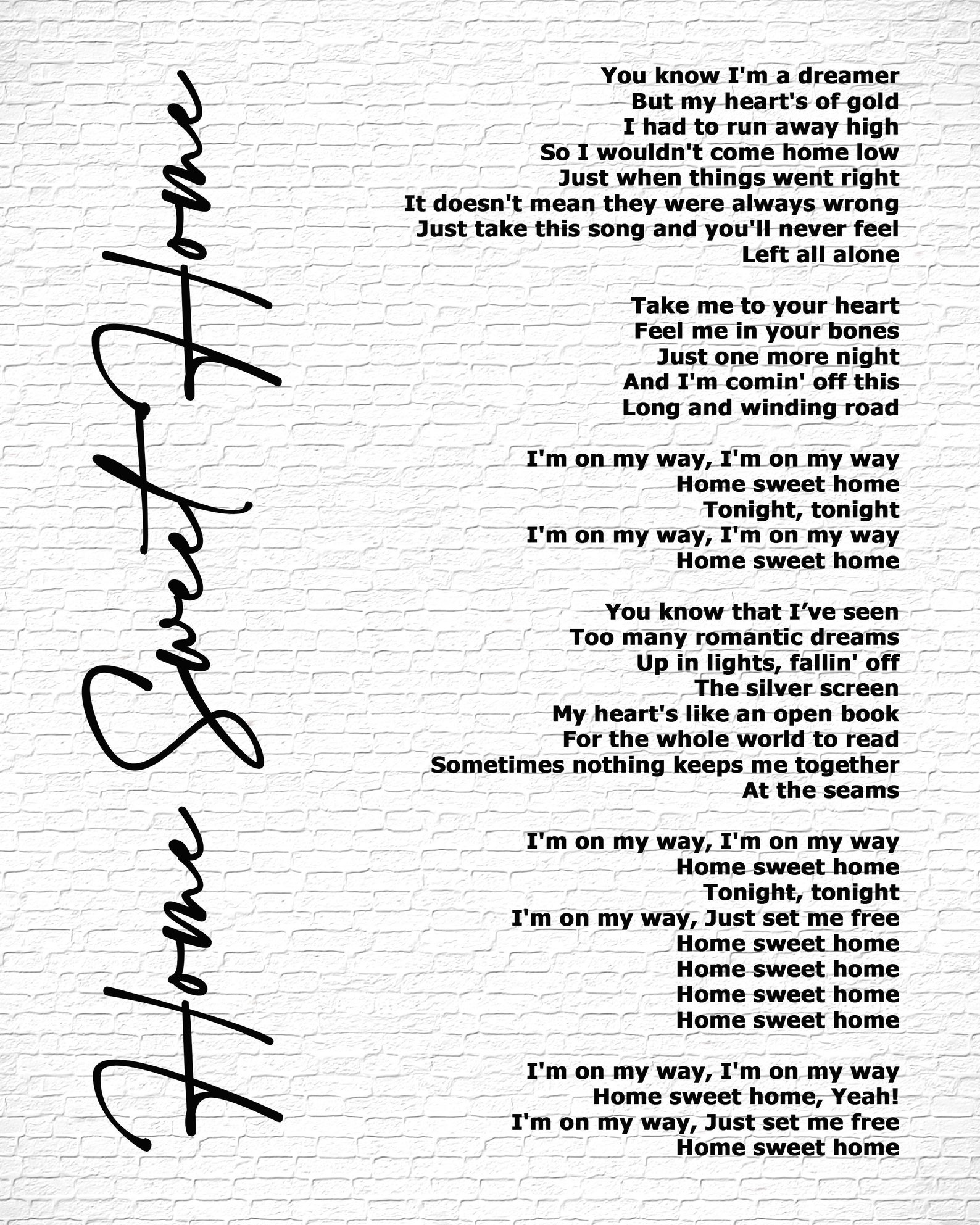 Home Sweet Home Lyric Art White Lyrics song print Etsy