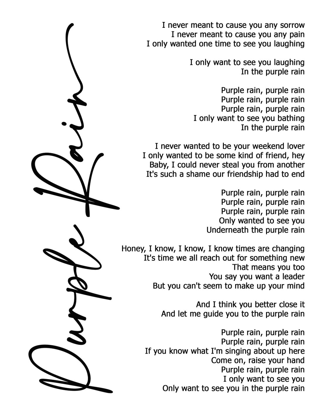 Purple Rain Lyric Art White Lyrics song print Etsy