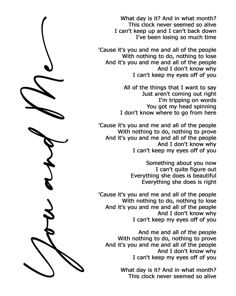 You And Me Lyric Art White Lyrics song print Etsy