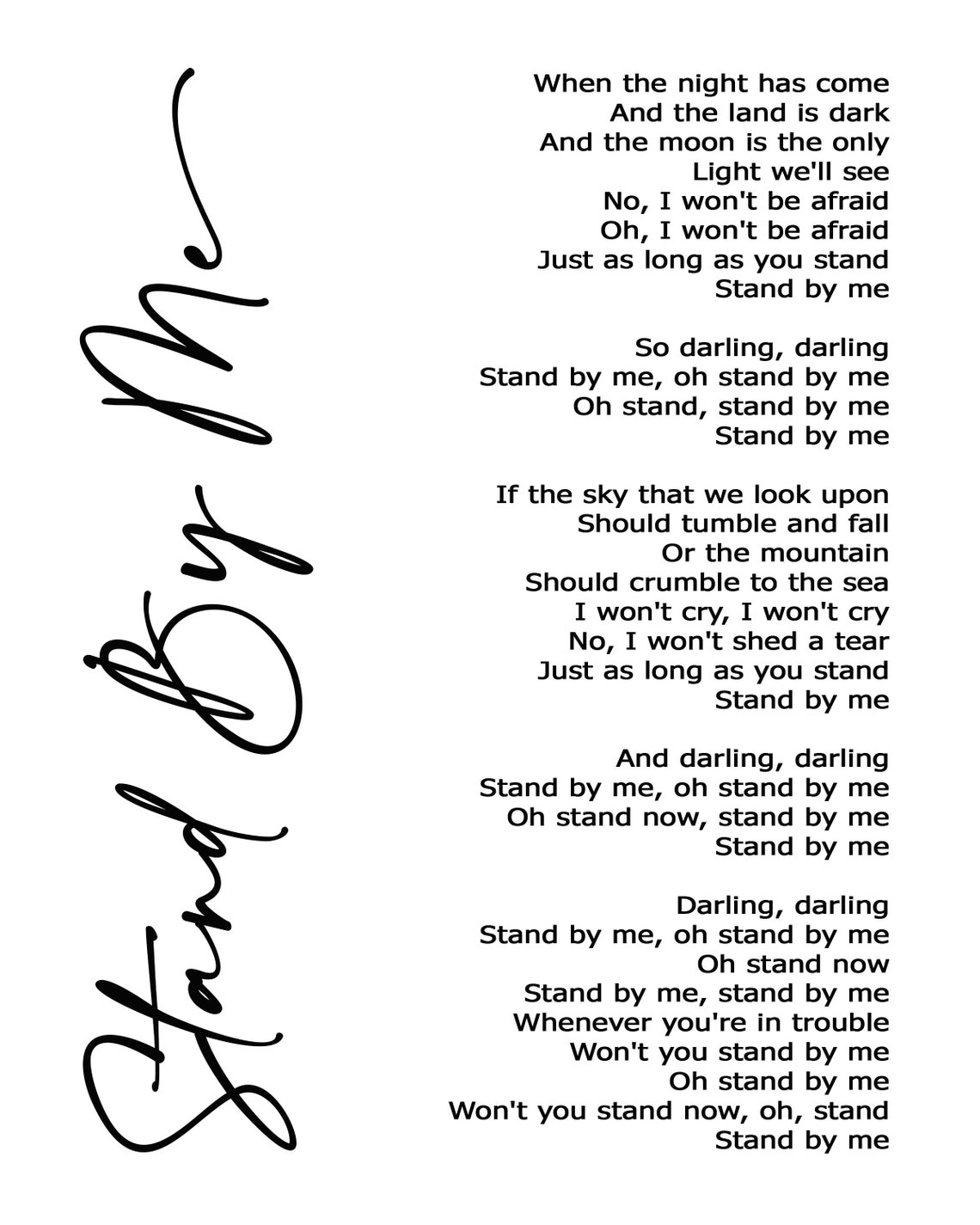 Stand by me lyric art white lyrics song print etsy