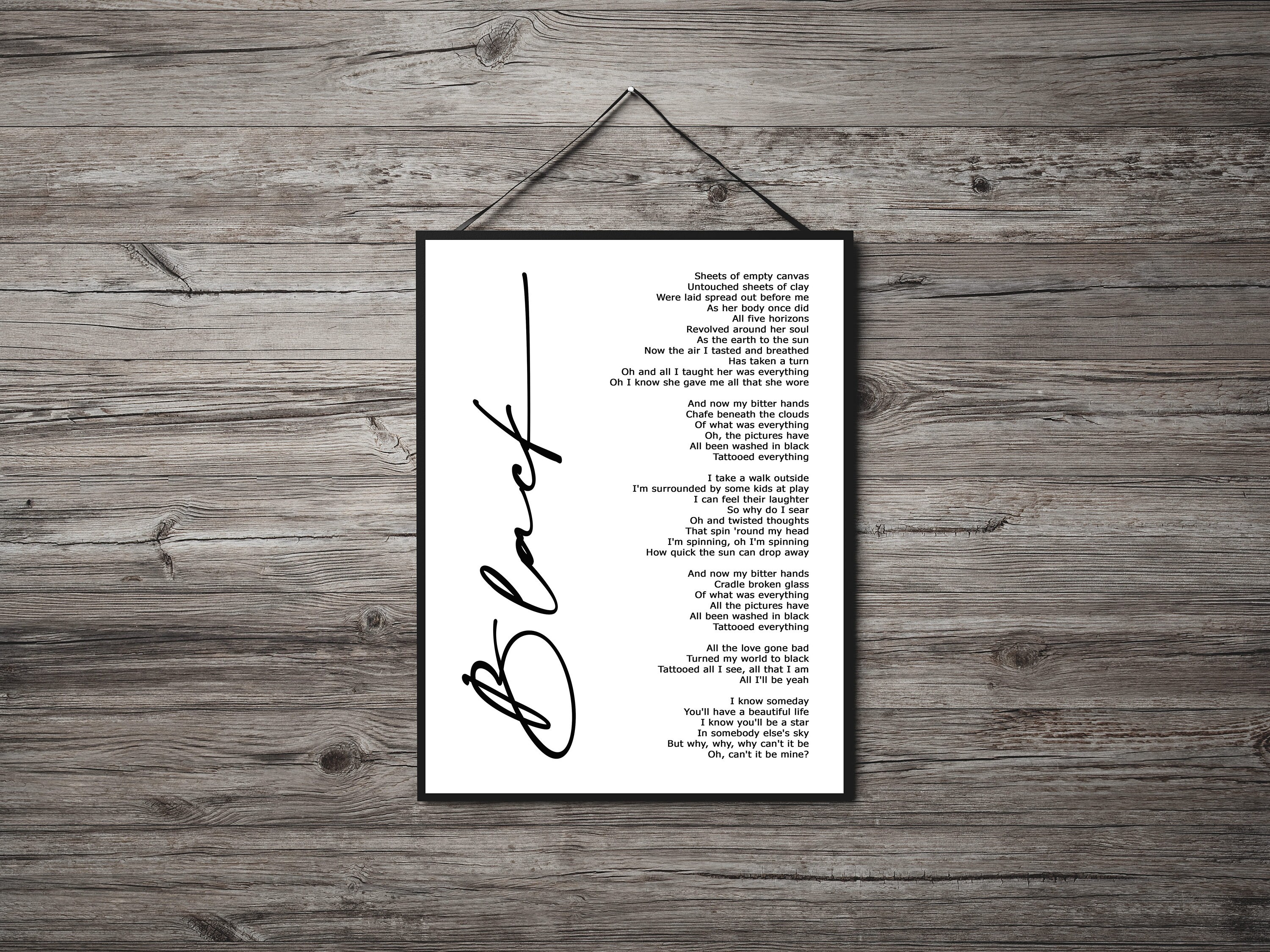 Black Lyric Art White Lyrics song print Etsy