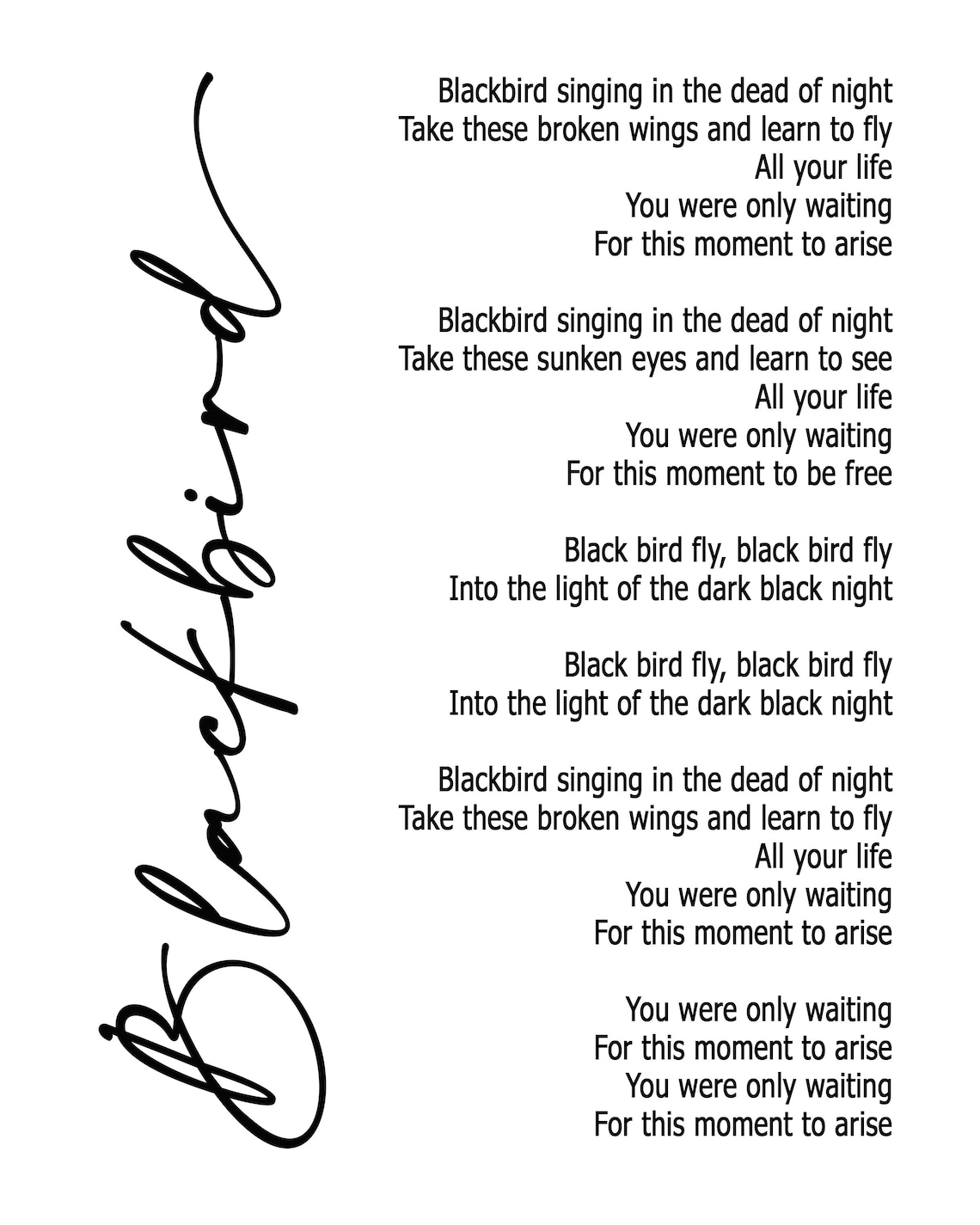 Blackbird Lyric Art White Lyrics song print | Etsy