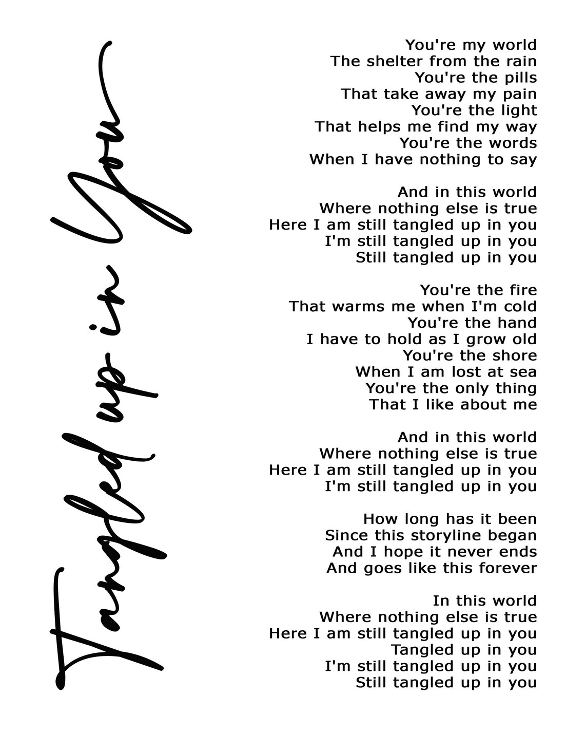 Tangled up in You Lyric Art White Lyrics Song Print Etsy