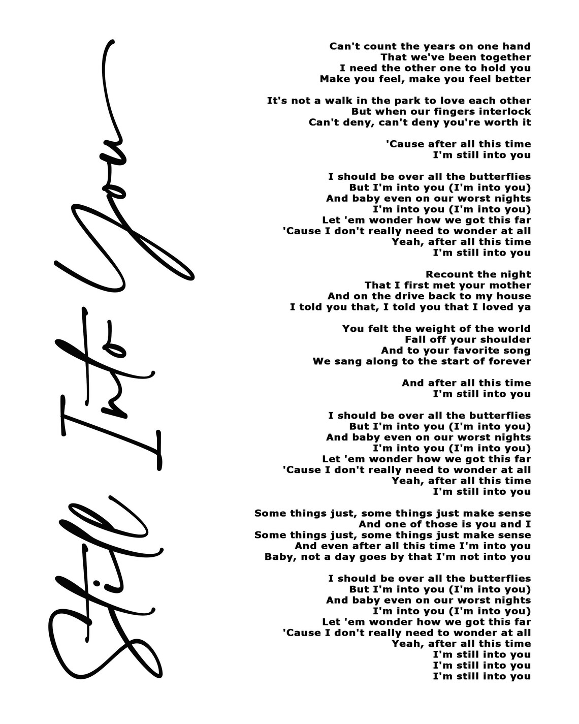 Still Into You Lyric Art White Lyrics song print Etsy