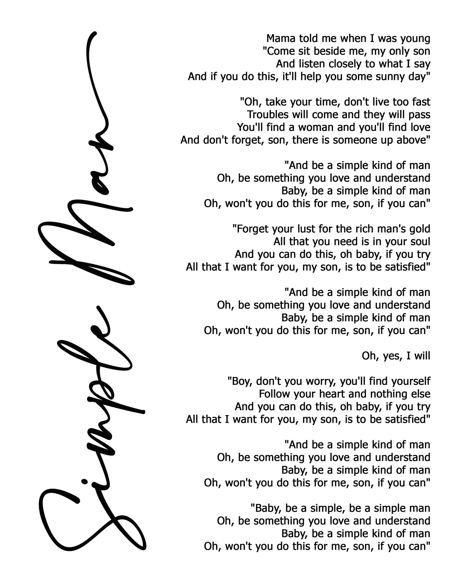 Simple Man Lyric Art White Lyrics song print Etsy