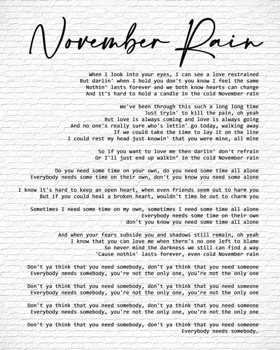 November Rain Lyric Art | Etsy