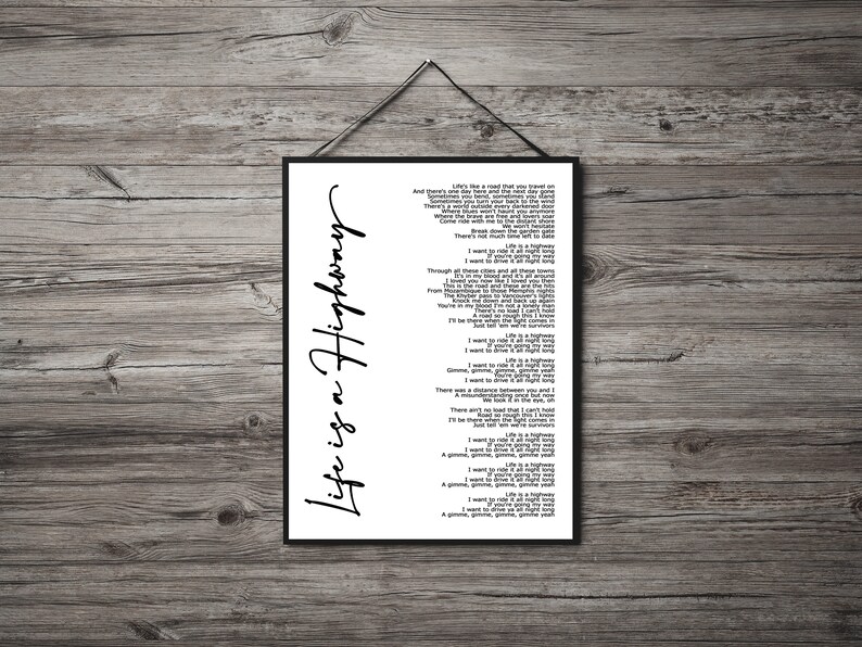 Life Is A Highway Lyric Art White Lyrics song print | Etsy