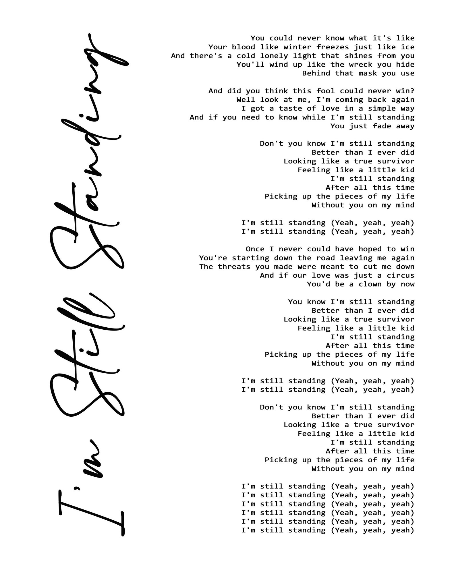 I'm Still Standing Lyric Art White Etsy